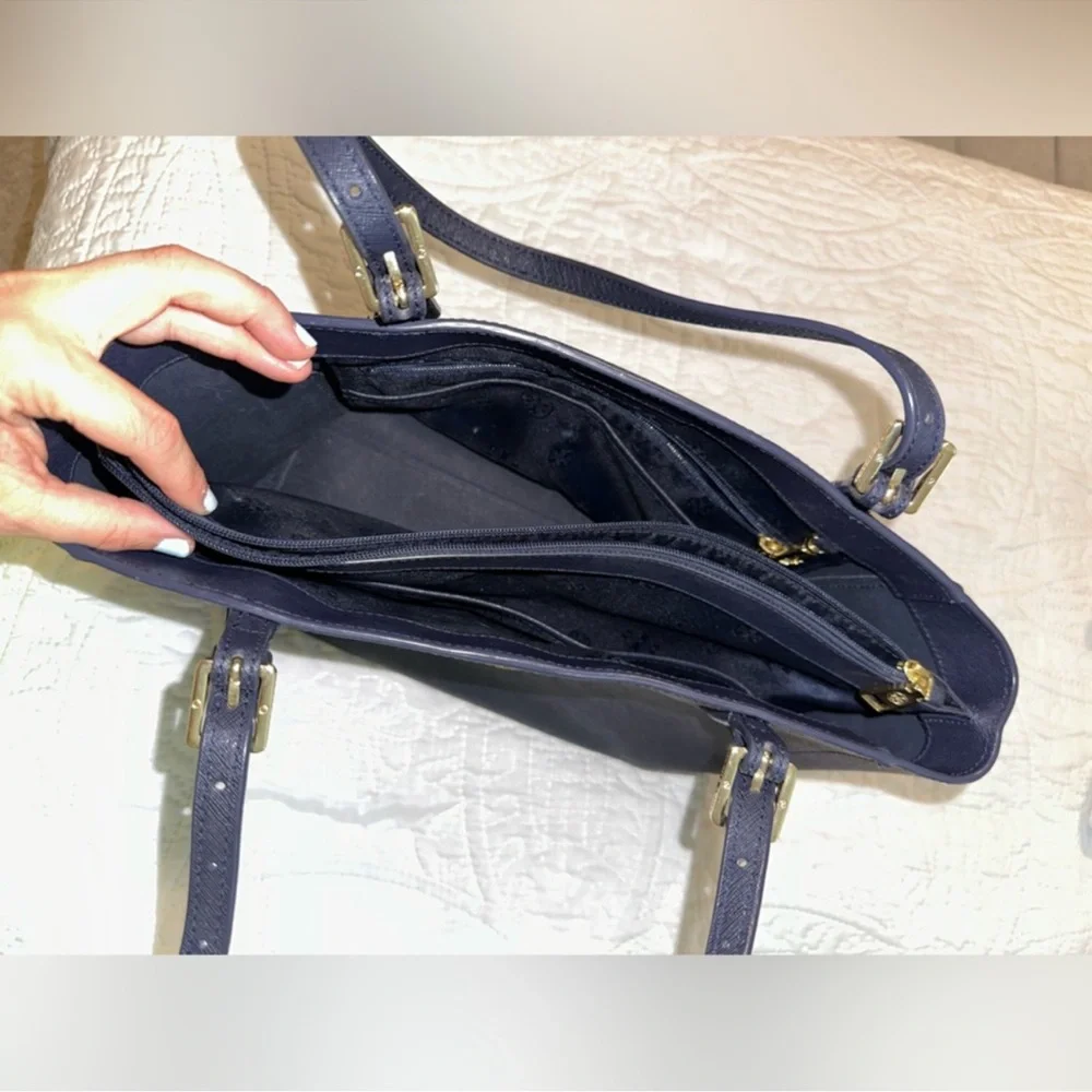 Tory Burch Emerson Dark Blue Tote with center zip pocket